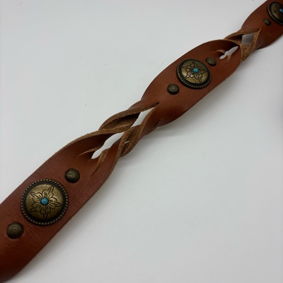 Vintage Leather Belt Braided Brass Concho  Blue Center Large 34”-38” Unisex - Picture 5 of 7